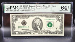 $2 2003A FRN Cleveland Fr#1938-D (Less Common DD Block) PMG 64 EPQ - Picture 1 of 2
