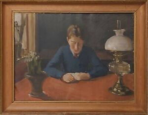 Rud Jacobsen (1894-1955): Portret syna artysty czytającego Ole. Oryginalny olej
