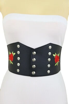 Women Wide Black Faux Leather Fashion Elastic Corset Belt Red Rose Flower S M - Image 1 of 4