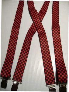 Men's Suspenders: X Style Black & Red Checkers, with Clips, Loop Snaps. USA Made - Picture 1 of 3