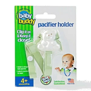 Baby Buddy Pacifier Holder Clip - BPA Free - White w/ Sage Ribbon 4 Mo + -- NEW - Picture 1 of 5