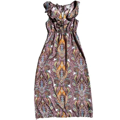 Maxi Vestido Eci New York Para Mujer Talla 4 Marrón, Naranja, Verde Azulado Paisley Volantes Cuello en V Foto 1 de 4
