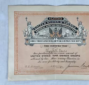 Certificado de la Sociedad de Ahorros de Guerra de los Mil Dólares de Ohio firmado por James Middleton Cox - Imagen 1 de 7