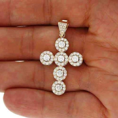1.65CT Stone Accent Halo Cluster Cross Pendant 14K Yellow Gold - Image 1 of 4