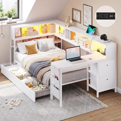 Twin Corner Bed Frame Daybed with Desk,Bookcase Storage,Charging Station, - Image 1 of 4