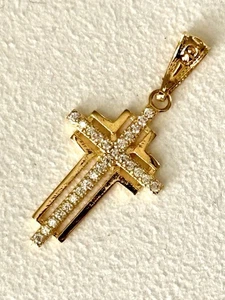18k massiver Gelbgold Kreuz und Herz Anhänger und simulierte Diamanten - Bild 1 von 6