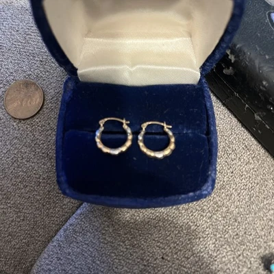 Solid 10K  Tri Color 12mm Small Bamboo Rose Yellow & White Gold Hoop Earrings - Image 1 of 4