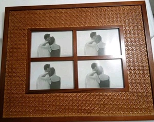 Cane Webbing Brown Tan Picture Frame 15in x 19in holds Four 4"x6"photos - Picture 1 of 8