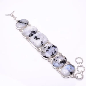 Rainbow Moonstone With Black Tourmaline 925 Sterling Silver Bracelet 7.99" B1 - Picture 1 of 2