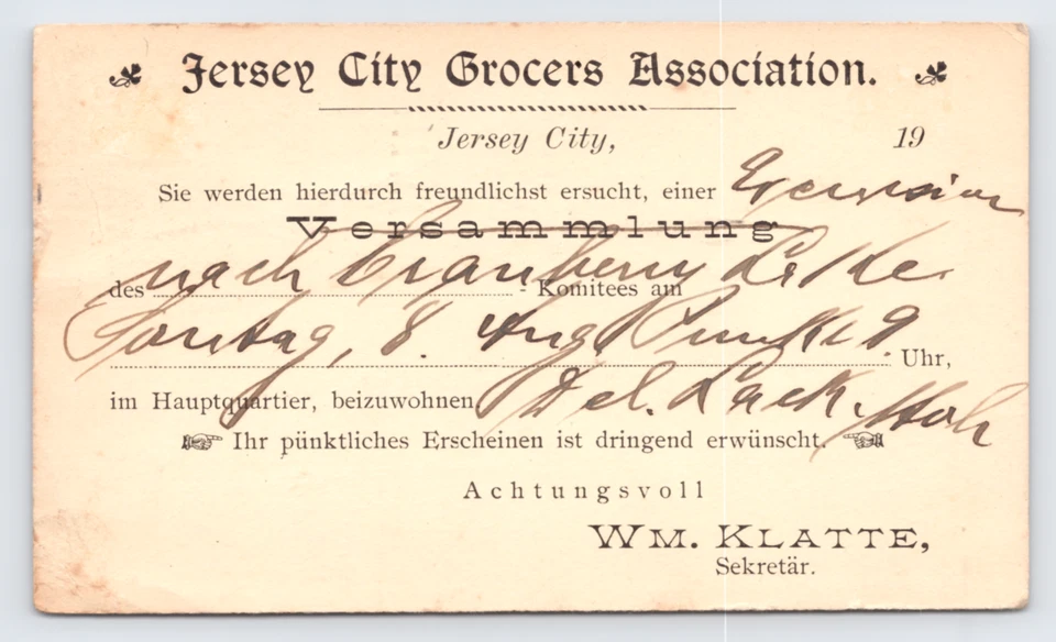 1908 Jersey City Grocers Association Jersey City NJ Postcard German Language - Image 1 of 3