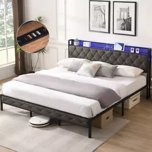 King Bed Platform Frame with Storage Headboard, Charging Station LED Lights - Picture 1 of 13