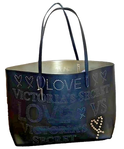 Victoria's Secret Love NWT Black and Gold Perforated Grommet Shoulder Tote Bag - Picture 1 of 14