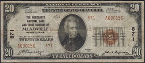 1929 Meadville Pennsylvania $20 Ty 2 National Banknote Charter 871 VF 1 Pinhole - Picture 1 of 2