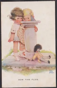 1924 ARTIST MABEL LUCIE TWO GIRLS BY SUN DIAL WITH BLACK DOLL 'HOW TIME FLIES' - Picture 1 of 2