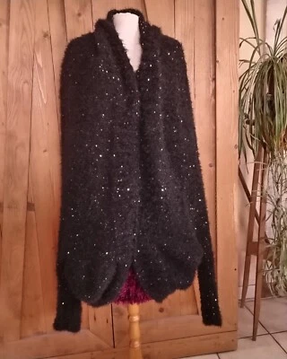 gilet cardigan cape femme tricotée main laine fourrure et sequins grande taille  - Photo 1/4
