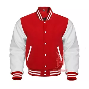 Giacche Varsity Letterman Baseball Lana Rossa Vera Pelle Bianca - Foto 1 di 6