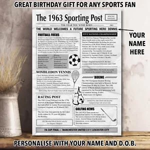 60th 1963 Birthday Present Gift Idea Poster Print Sports Facts Newspaper 058 - Picture 1 of 4