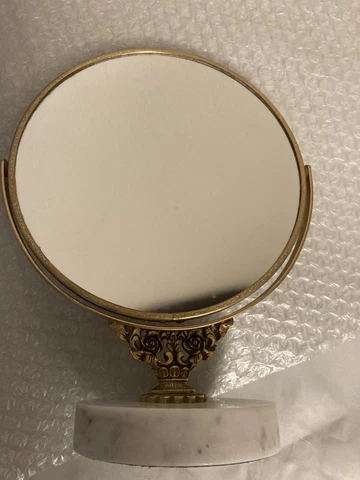 Vintage Mirror Vanity Marble Base Round Magnify One Side Ornate Cover