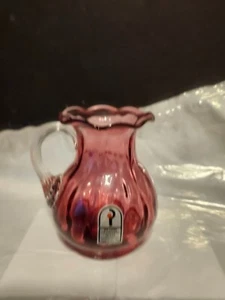 Vintage Pilgrim Cranberry Glass Ribbed Pitcher, clear handle, Original Sticker - Picture 1 of 5