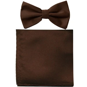 New formal Men's polyester pre-tied bow tie_hankie solid brown wedding prom - Picture 1 of 3