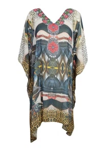 Vestido túnica midi caftán gris estampado caftán georgette boho talla única para mujer - Imagen 1 de 3