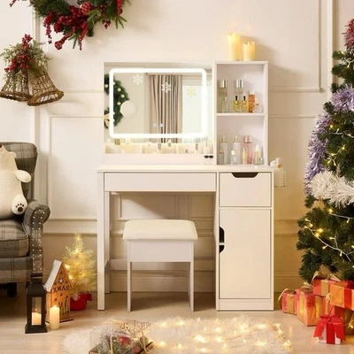 Tocador de maquillaje con espejo y luces LED, tocador con toma de corriente Foto 1 de 4