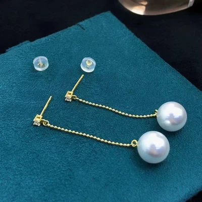 华丽 9-10 毫米南海圆形白色珍珠吊坠耳环 925s(t) — 第 1/3 张图片