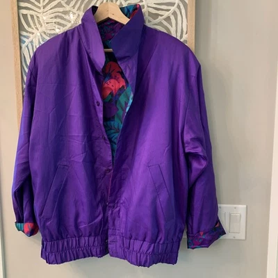 Joan Walters винтажный фиолетовый цветочный на пуговицах карманы Riversible куртка женщин M - Изображение 1 из 4