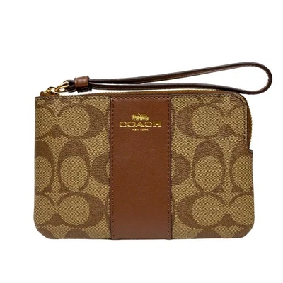 COACH Tan Signature Coated Canvas Brown Leather Corner Zip Wallet Wristlet - Image 1 of 4