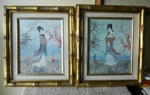 Pair of Man Ling Floral Woman Canvas Art w Bamboo Style Frame NICE! UBe - Picture 1 of 6