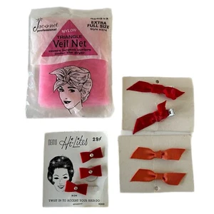 Vintage Hair Accessories Barrette Clips Bows Net Red Orange Velvet Rhinestones - Picture 1 of 11