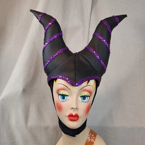 Disney Maleficent Adult Headpiece Black Purple Cap Hat Hook &Latch Chinstrap NEW - Picture 1 of 11