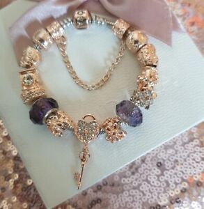 Silver Pandora Bracelet  with Rose gold Clasp & Rose Gold Charms 17 cm + Box