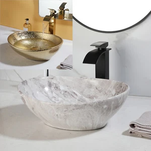16"Gold/White Bathroom Ceramic Sink Oval Vessel Basin Bowl Combo Faucet Drain - Picture 1 of 31