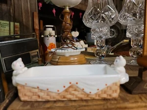 Vintage White Kittens Cat Hugger Cracker Butter Olive Dish Cherries Basket 8” - Picture 1 of 8
