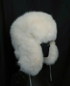 M.MILLER Shadow FOX Fur Hat Russian Ushanka Trapper Leather Ties ONE size Cream