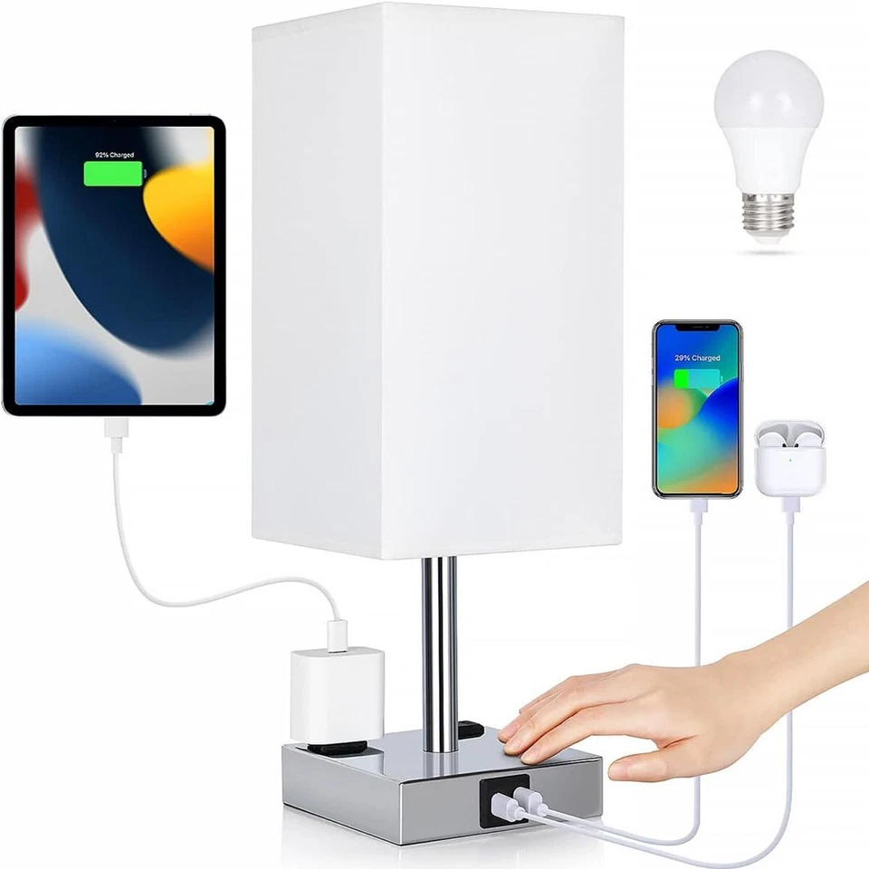YARRA-DECOR Bedside Lamp- Touch Control Table Lamp with USB C+A Charging Ports & AC Outlets