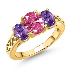 18K Yellow Gold Plated Silver 3-Stone Ring Amethyst and Set with Pink Zirconia - Picture 1 of 6