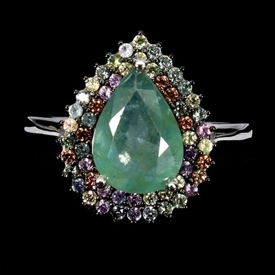 Black Friday Sterling Silver Ring Pear Emerald 12x8mm Sapphire Diamond Cut Sz 8 - Image 1 of 4