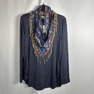 NUEVO CON ETIQUETAS ONE WORLD Top Manga Larga con Bufanda con Flecos Azul Marino 1X #1946 Foto 1 de 4