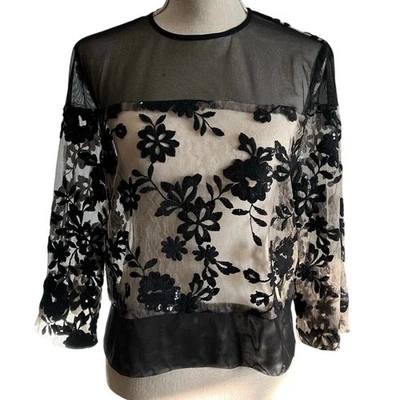 Vintage Kathy Cole Black Sheer Lace Floral Sequin Blouse Top Dark Romance 12 USA - Image 1 of 4