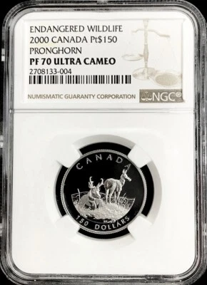 2000 PLATINUM CANADA 599 MINTED $150 PRONGHORN COIN NGC PROOF 70 ULTRA CAMEO - Image 1 of 3