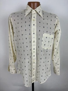 Vintage 70s Sears Shirt Men Small Tapered Crest Crown Geometric Disco Ivory EUC - Picture 1 of 17
