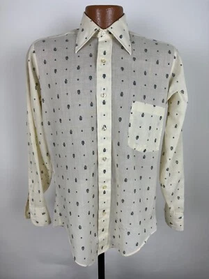 Vintage 70s Sears Shirt Men Small Tapered Crest Crown Geometric Disco Ivory EUC - Image 1 of 4