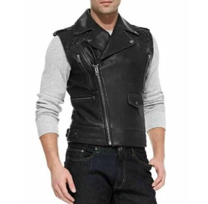 New Men's Classic Black Style Motor Biker Genuine Vest Leather Jacket XS to 5XL - Picture 1 of 4