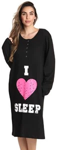 Women's Cotton Long Sleeve Nightgown Sleep Dress 5XLarge Black - I Heart Sleep - Picture 1 of 3