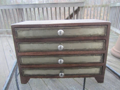 VTG Spice Wood Apothecary Chest Cabinet Dental Spice Box Drawers Hammered Metal Cover