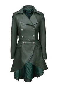 Ladies Leather Jacket Green 100% Lambskin Back Laced Victorian Gothic Coat 3492 - Picture 1 of 7
