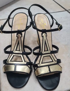 Kate Spade  Womens Eiffel Tower Sandal Shoe Black Gold Wedge Size 10 B - Picture 1 of 13