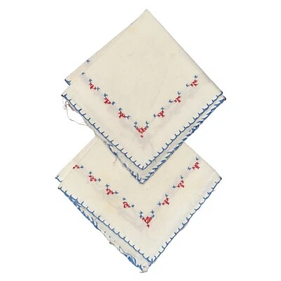 2 Vtg Hanky Handkerchief Embroidered Folk Art Scandinavian Style Linen Blend 10" - Image 1 of 4